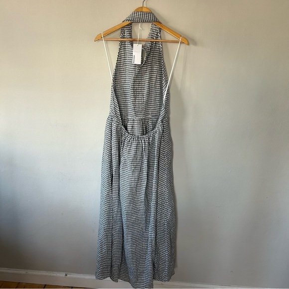 Reformation Tace Linen Dress in Slate Check Navy Open Back Midi Button Size 10 - Picture 7 of 8